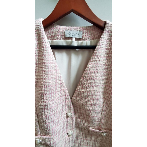WAYF Blazer M Calling Elle Woods Boucle Check Pearl Rhinestone Button Pink/Gold - Picture 6 of 11